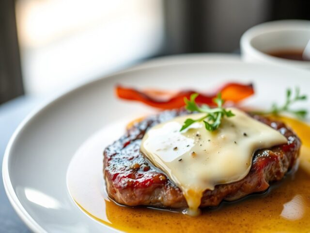 Biefstuk met bacon en gesmolten kaas — AI-gegenereerde illustratie