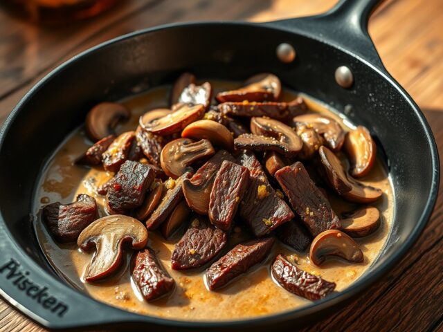 Biefstuk met champignons en whiskeysaus