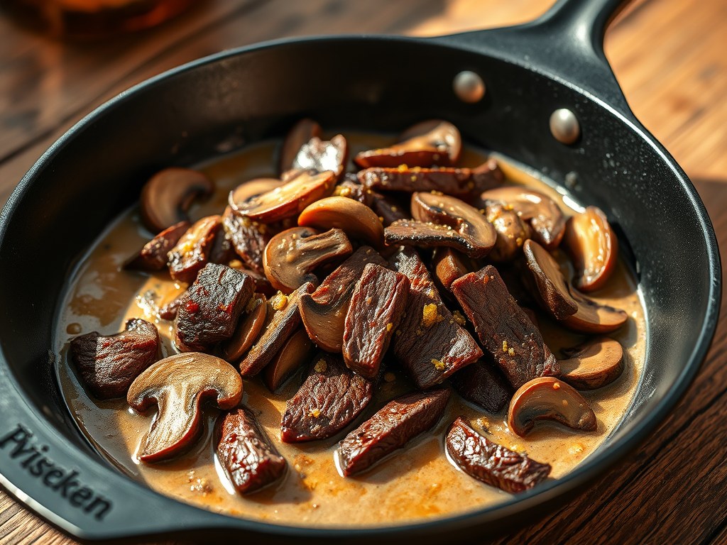 Biefstuk met champignons en whiskeysaus, AI-gegenereerde illustratie
