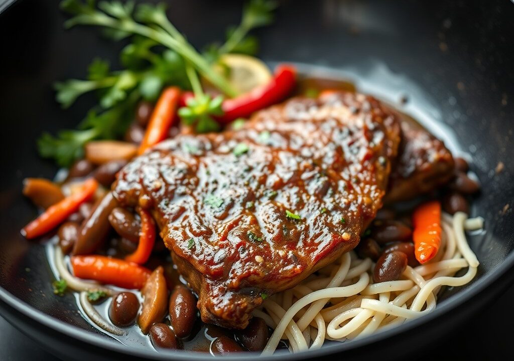 Biefstuk met zwarte bonensaus, AI-gegenereerde illustratie