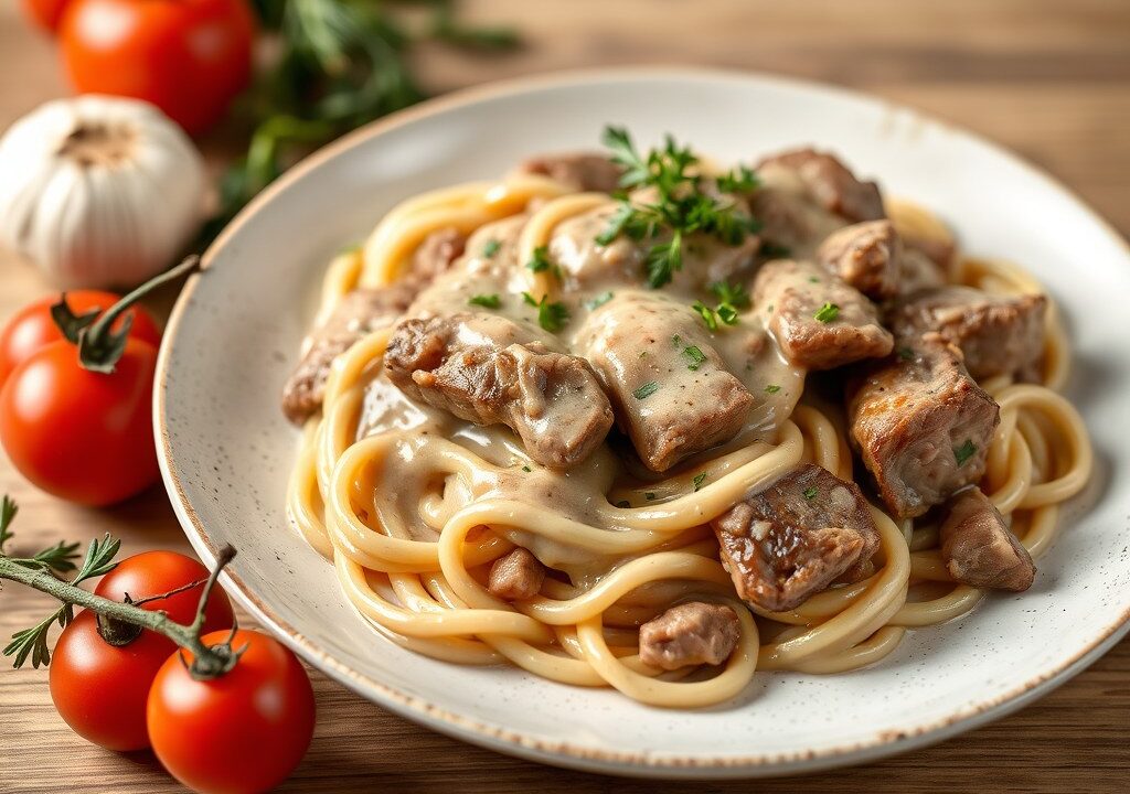 Biefstuk Stroganoff, AI-gegenereerde illustratie