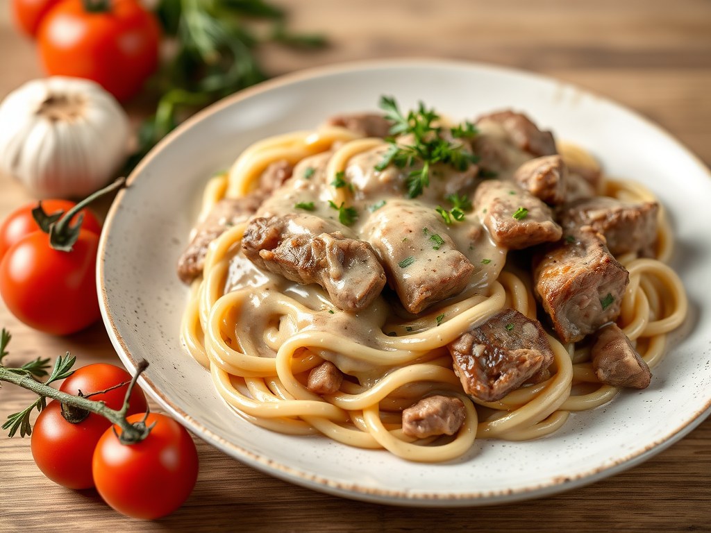 Biefstuk Stroganoff, AI-gegenereerde illustratie