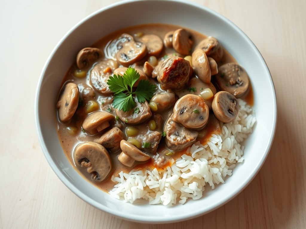 Biefstuk Stroganoff met champignons, AI-gegenereerde illustratie