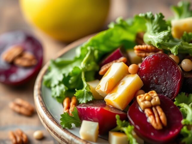 Bietensalade met appel-perenstroop dressing — AI-gegenereerde illustratie