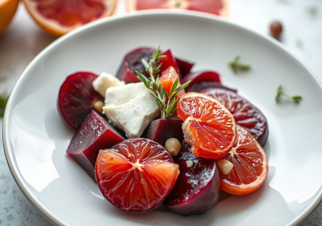 Bietensalade met grapefruit en geitenkaas — AI-gegenereerde illustratie