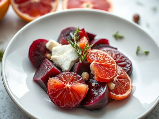 Bietensalade met grapefruit en geitenkaas — AI-gegenereerde illustratie