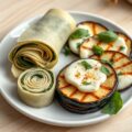 Biologische tapas: Spinazie- ricotta pasta-rol en gegrillde aubergine laagjes met mozzarella