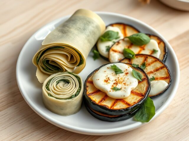 Biologische tapas: Spinazie- ricotta pasta-rol en gegrillde aubergine laagjes met mozzarella