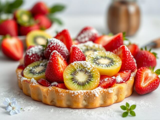 Biscuittaart met aardbeien en kiwi