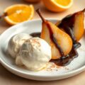 Bitterkoekjesijs met peer en chocosaus