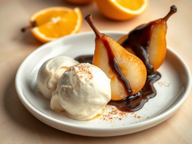 Bitterkoekjesijs met peer en chocosaus