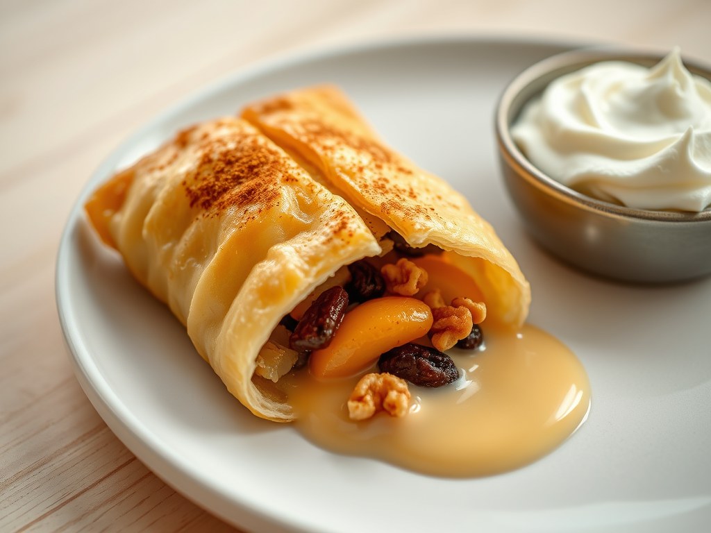 BLADERDEEG MET APPEL NOTEN EN PUDDING, AI-gegenereerde illustratie