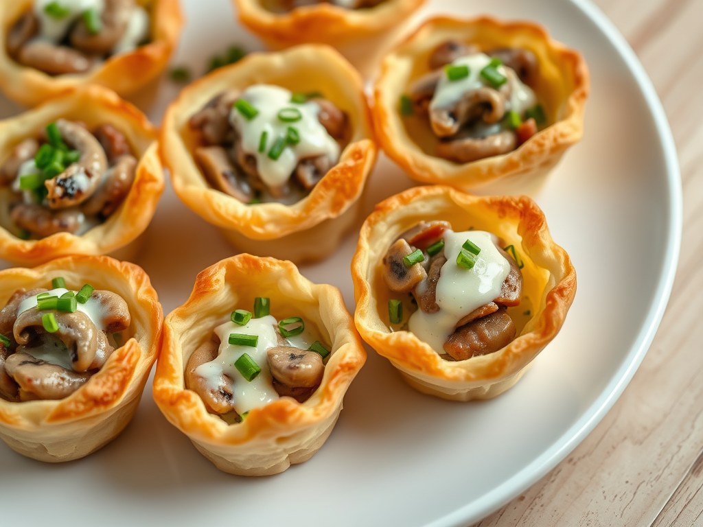 Bladerdeegbakjes met champignon-salamiragout, AI-gegenereerde illustratie