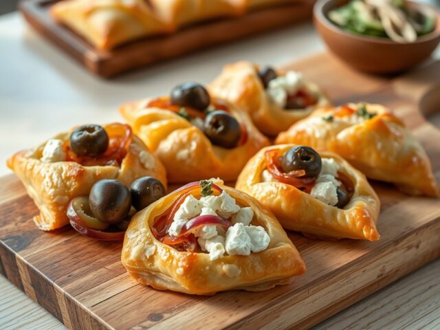 Bladerdeeggebakje met feta en rode ui