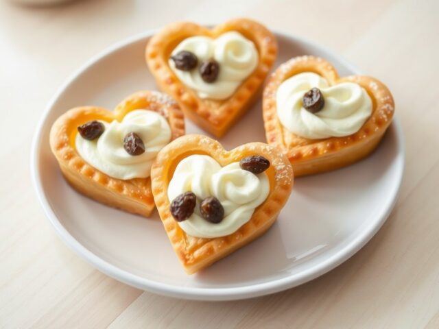Bladerdeeghartjes met rozijnencrème