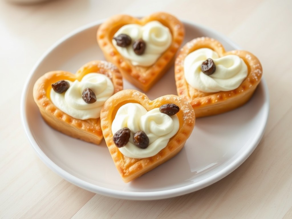 Bladerdeeghartjes met rozijnencrème, AI-gegenereerde illustratie
