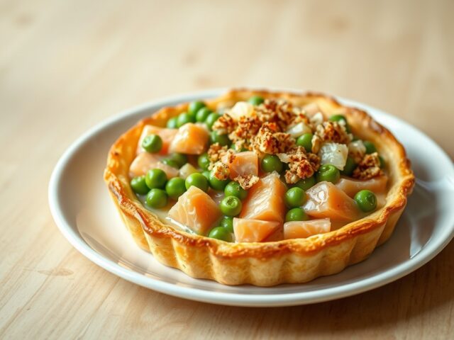 Bladerdeegtaart met zalm en tuinerwten