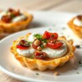 Bladerdeegtaartjes met pijnboompitten, geitenkaas en gedroogde tomaten