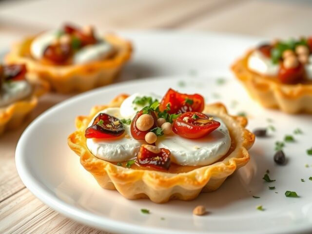 Bladerdeegtaartjes met pijnboompitten, geitenkaas en gedroogde tomaten