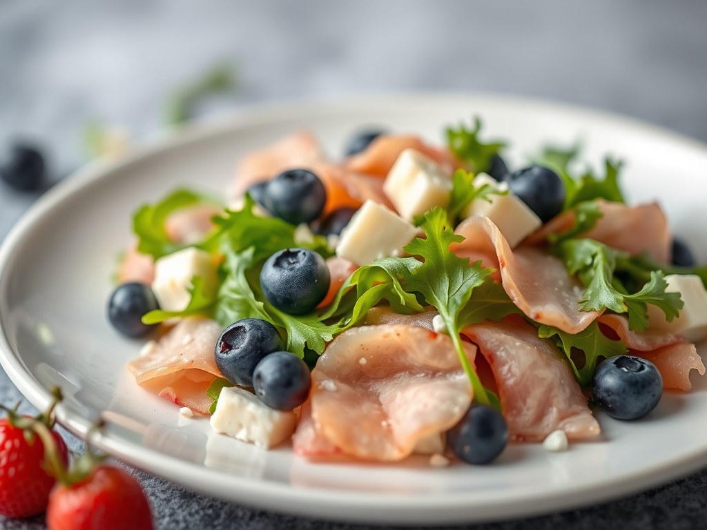 Blauwe kaassalade met blauwe bessen en (zieopm), AI-gegenereerde illustratie
