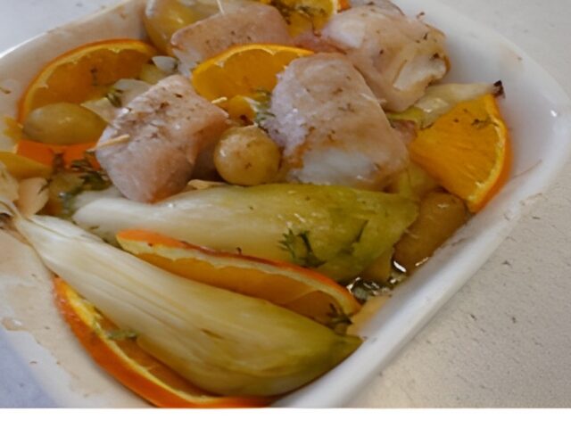 ” Blinde ” kabeljauwhaas met witlof en krieltjes uit de oven.