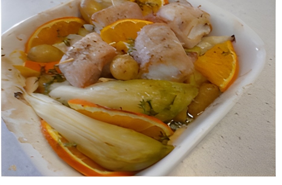 ” Blinde ” kabeljauwhaas met witlof en krieltjes uit de oven.