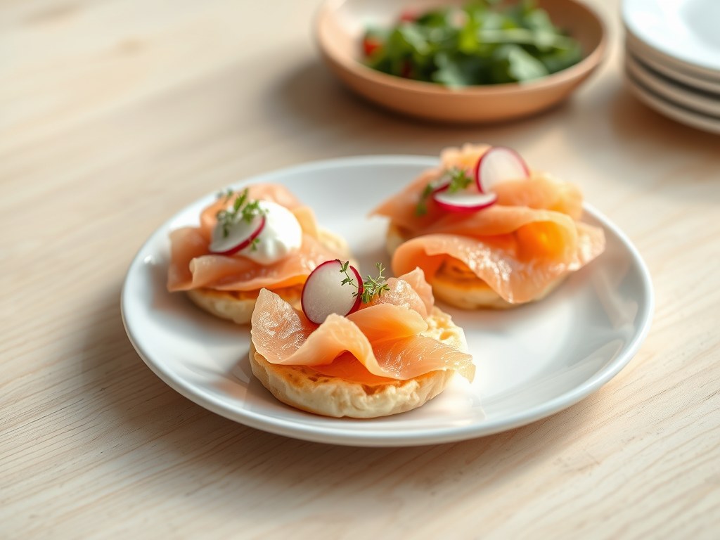 Blini’s met gerookte zalm, en gerookte paling, AI-gegenereerde illustratie