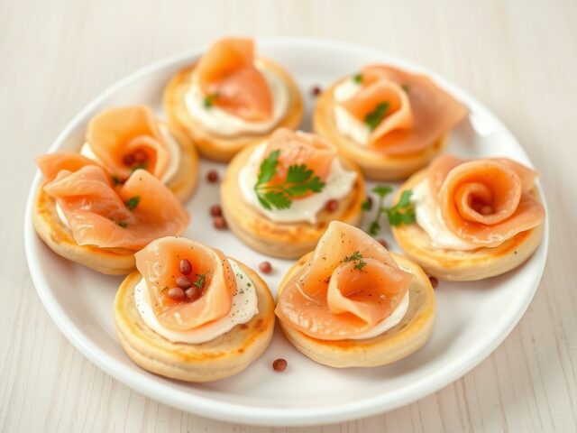 Blini’s met verse zalm, camembert, rode peper en een limoensausje