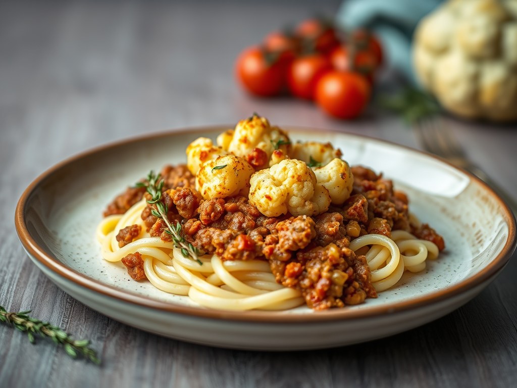 Bloemkool Bolognese, AI-gegenereerde illustratie