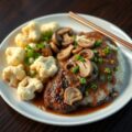 Bloemkool, gehakte biefstuk en Pandanrijst met Oosterse champignonsaus