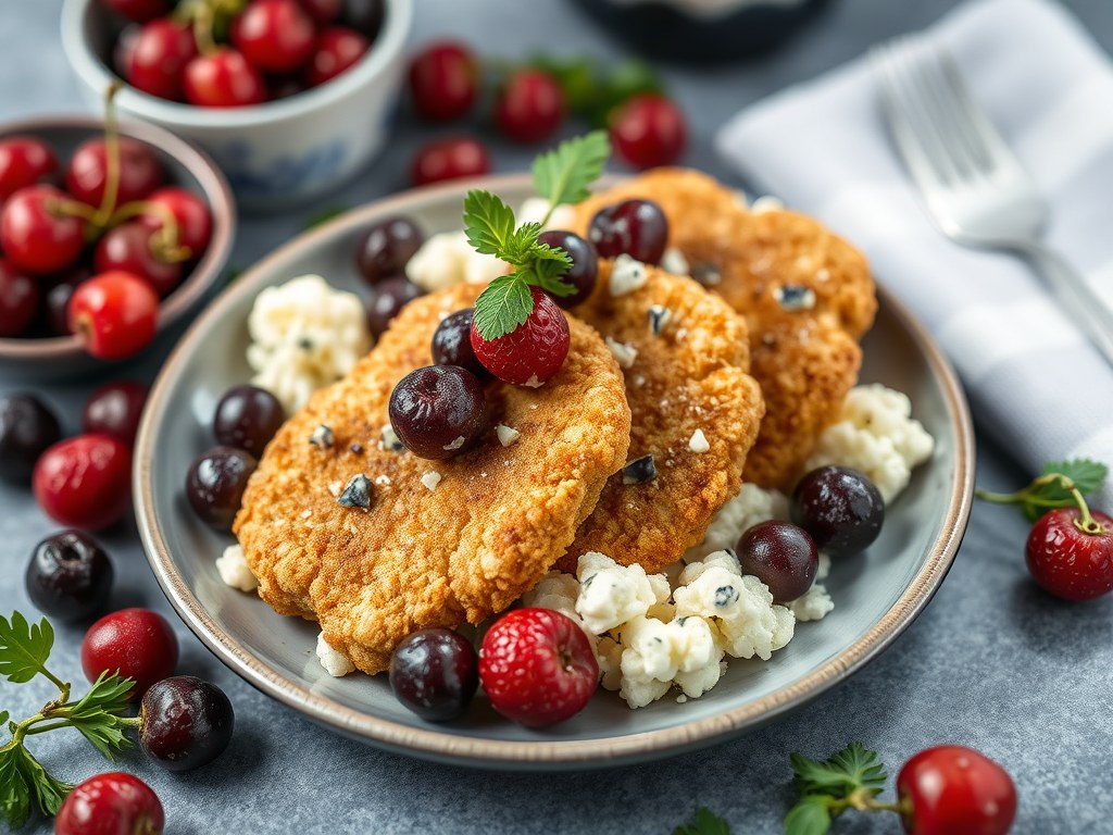 Bloemkool met blauwe kaas en gepaneerde filets, AI-gegenereerde illustratie