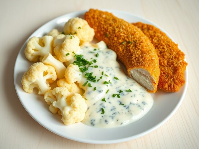 Bloemkool met blauwe kaassaus en gepaneerde filets