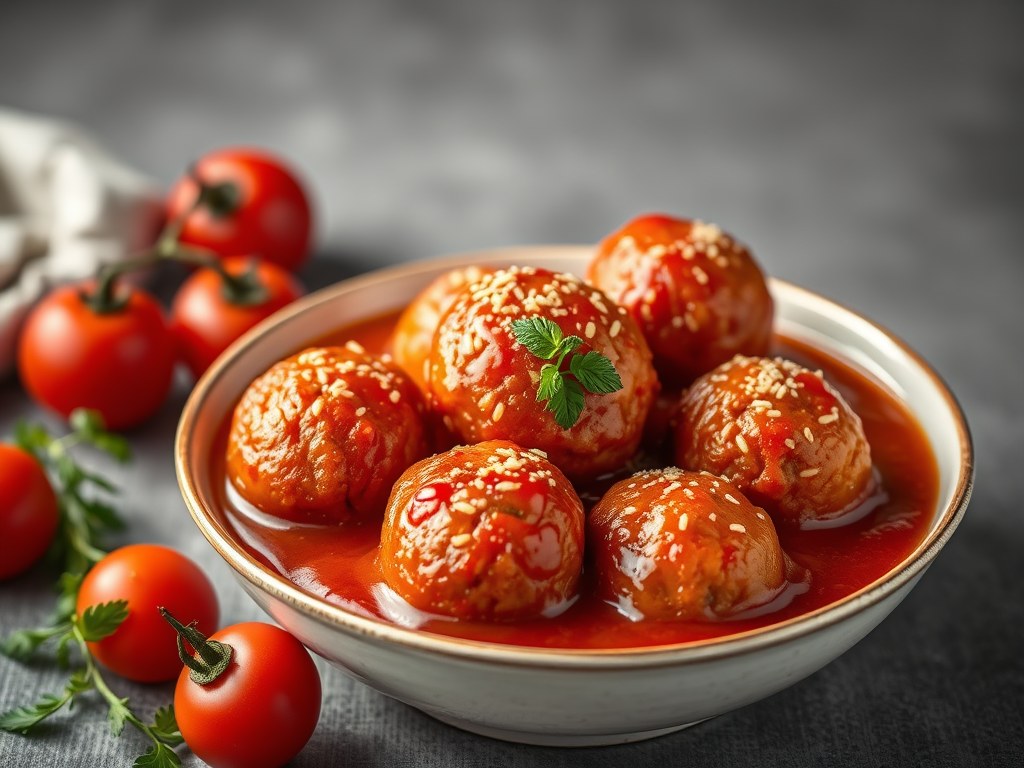 Bloemkoolballetjes in tomatensaus (vegetarisch), AI-gegenereerde illustratie