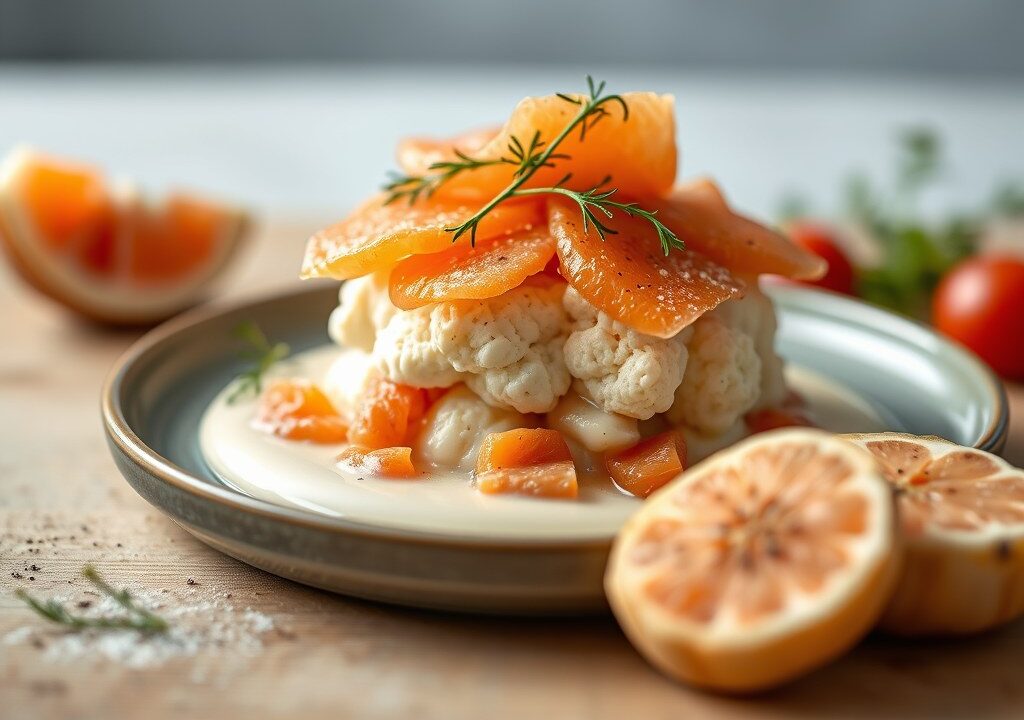 Bloemkoolbavarois in zalm met Sevruga kaviaar, AI-gegenereerde illustratie