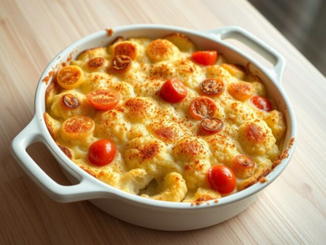 Bloemkoolgratin met aardappelen en kerstomaatjes