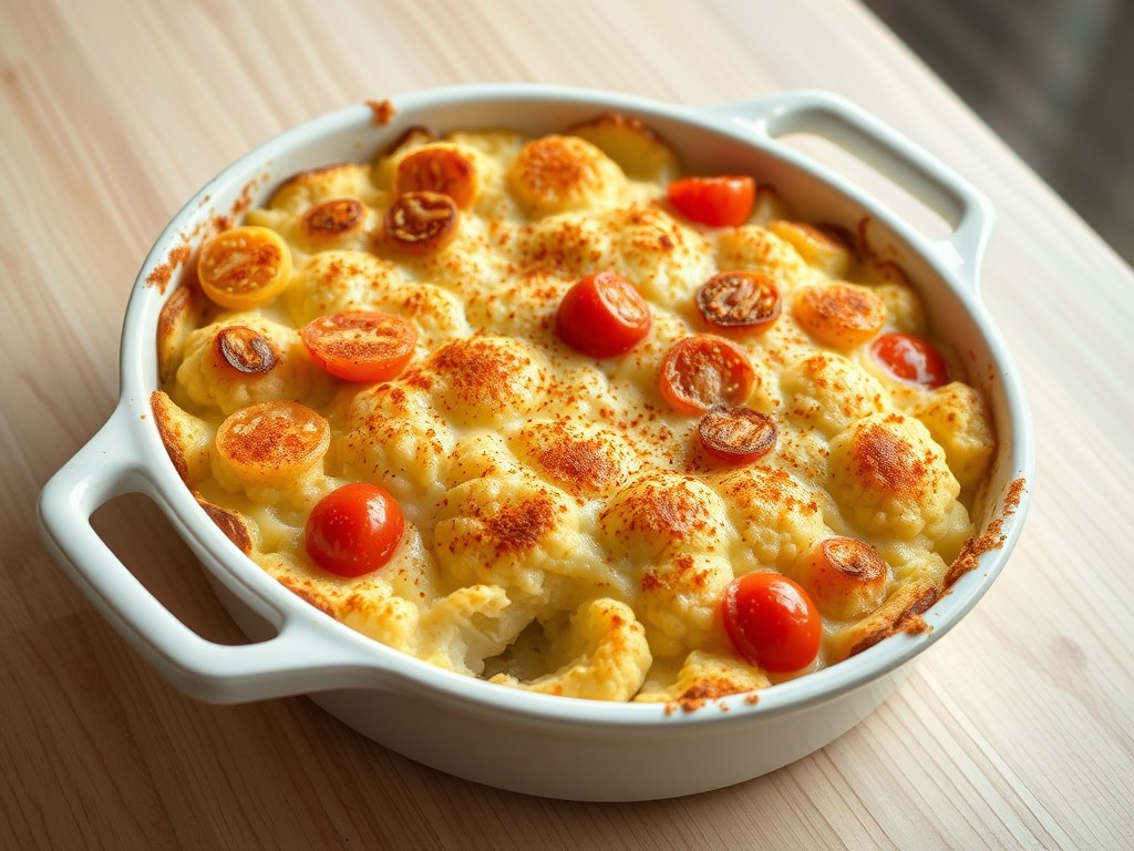 Bloemkoolgratin met aardappelen en kerstomaatjes, AI-gegenereerde illustratie