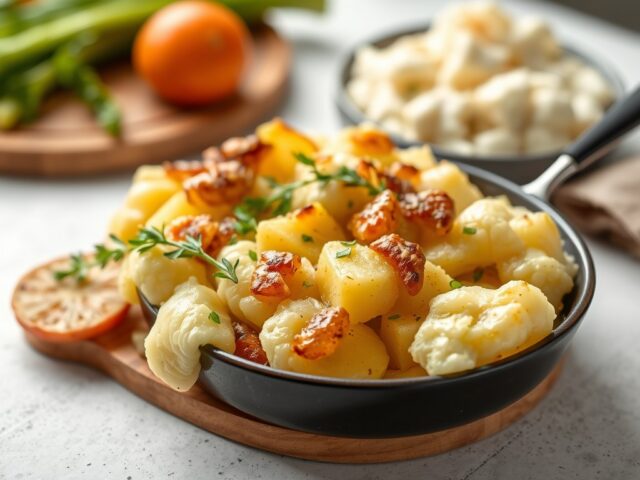 Bloemkoolgratin met aardappelen en kerstomaatjes — AI-gegenereerde illustratie