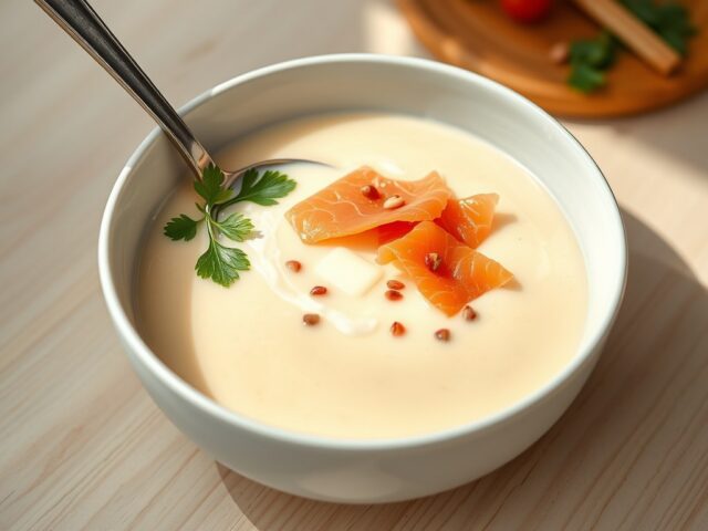 Bloemkoolsoep met zalm en roze peper