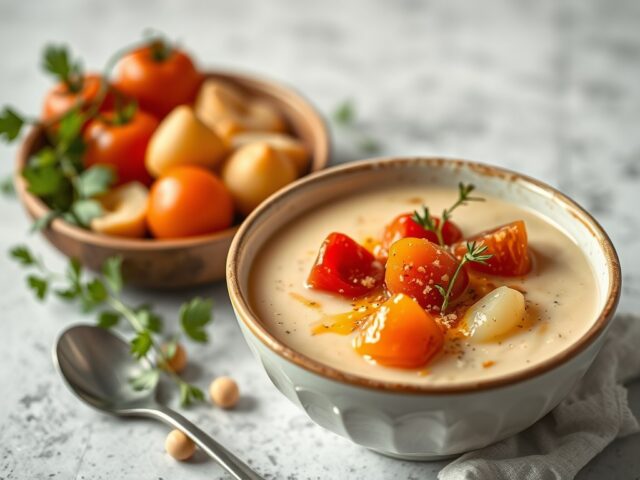 Blonde aardappelsoep met gefrituurde knolselderij