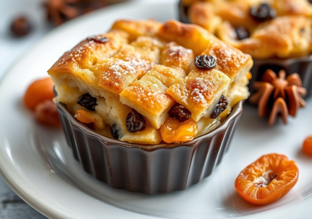 Bodding (broodpudding) met rozijntjes en abrikozen, AI-gegenereerde illustratie