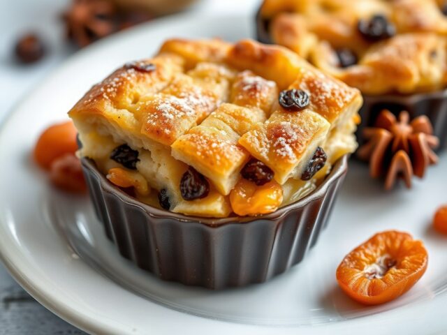 Bodding (broodpudding) met rozijntjes en abrikozen