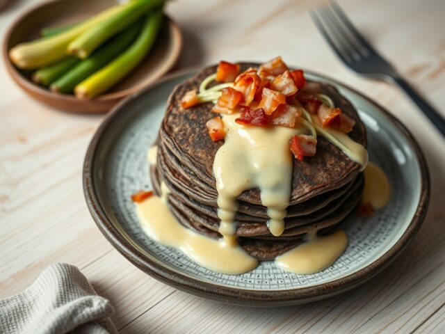 Boekweitpannenkoekjes met prei en kaassaus