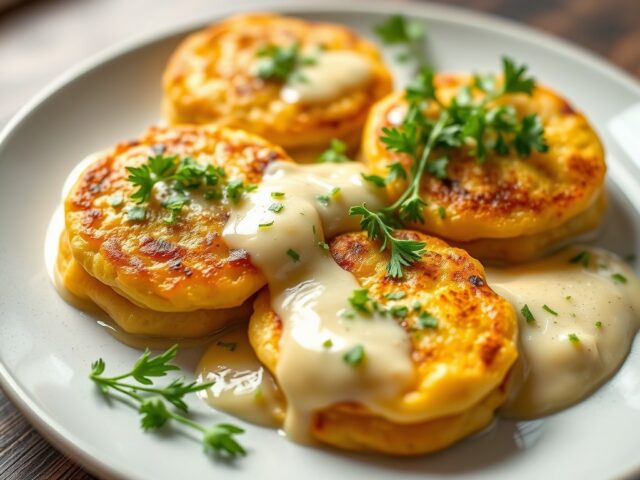 Boekweitpannenkoekjes met prei en kaassaus — AI-gegenereerde illustratie
