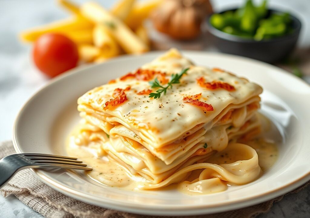 Boemkoollasagne met knoflooksaus — AI-gegenereerde illustratie