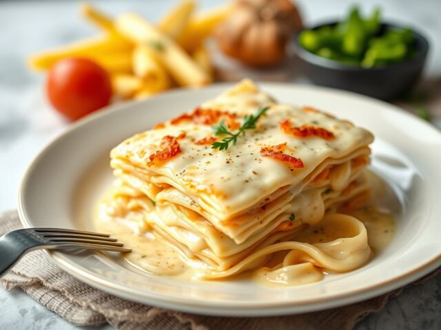 Boemkoollasagne met knoflooksaus — AI-gegenereerde illustratie