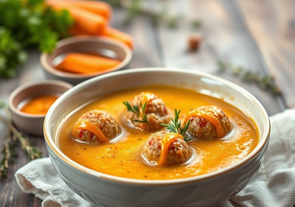 Boerengroentesoep met saucijzenballetjes, AI-gegenereerde illustratie