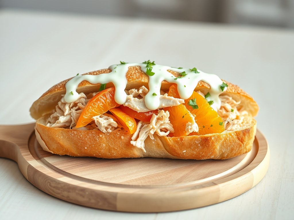 Boerenstokbrood met gepocheerde kip, sinaasappel en yoghurtdressing, AI-gegenereerde illustratie