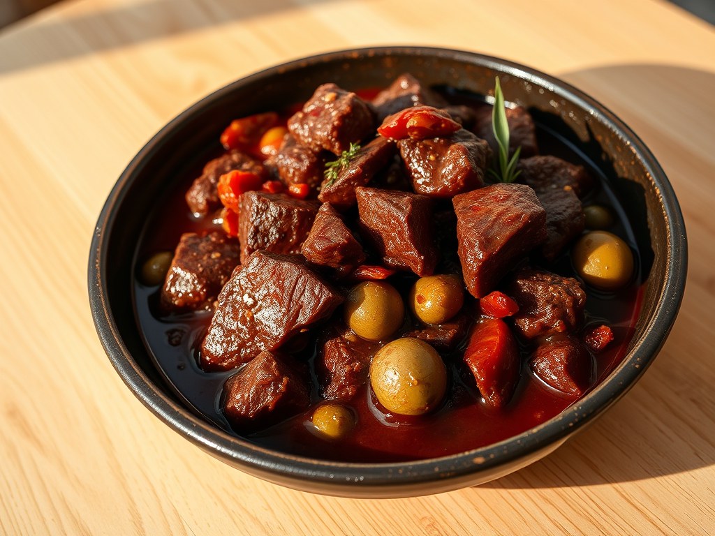 Boeuf Beukignon-stoofvlees met veel lekkers, AI-gegenereerde illustratie