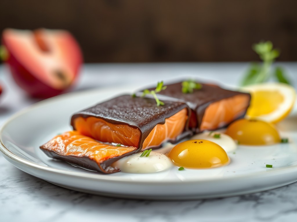 Bonbon van gerookte zalm. (zie opm), AI-gegenereerde illustratie
