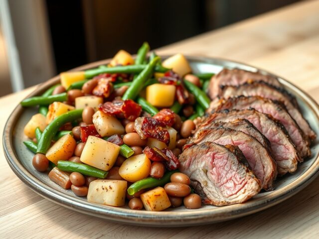 Bonen-aardappelsalade met gegrilde lamsfilet